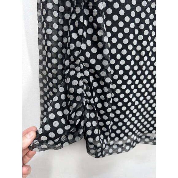 Chicos Polka Dot Lined Raye Top Size 1 (M/8) Black Mesh Sleeves Ruched Sides NEW - Picture 3 of 10
